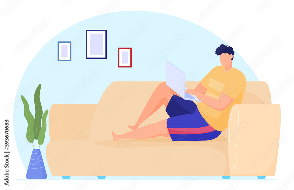 Obraz premium Work at home. People work at home in a comfortable environment. Free work schedule, informal atmosphere, houseplants. Vector illustration