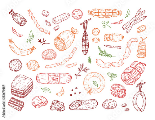 Vector Food. Sausages set. Meat products: Ready sausage, bacon, sliced saveloy, sausage, spicy pepperoni, smoked sausages, salami, baked meatloaf, frankfurters