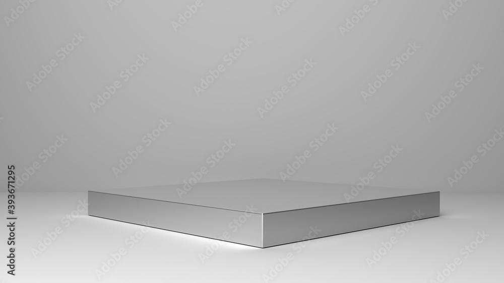Metallic shiny pedestal on a gray background. Table stand cube Abstract minimal geometry concept Metallic shiny pedestal on a gray background. Table stand cube Abstract minimal geometry concept