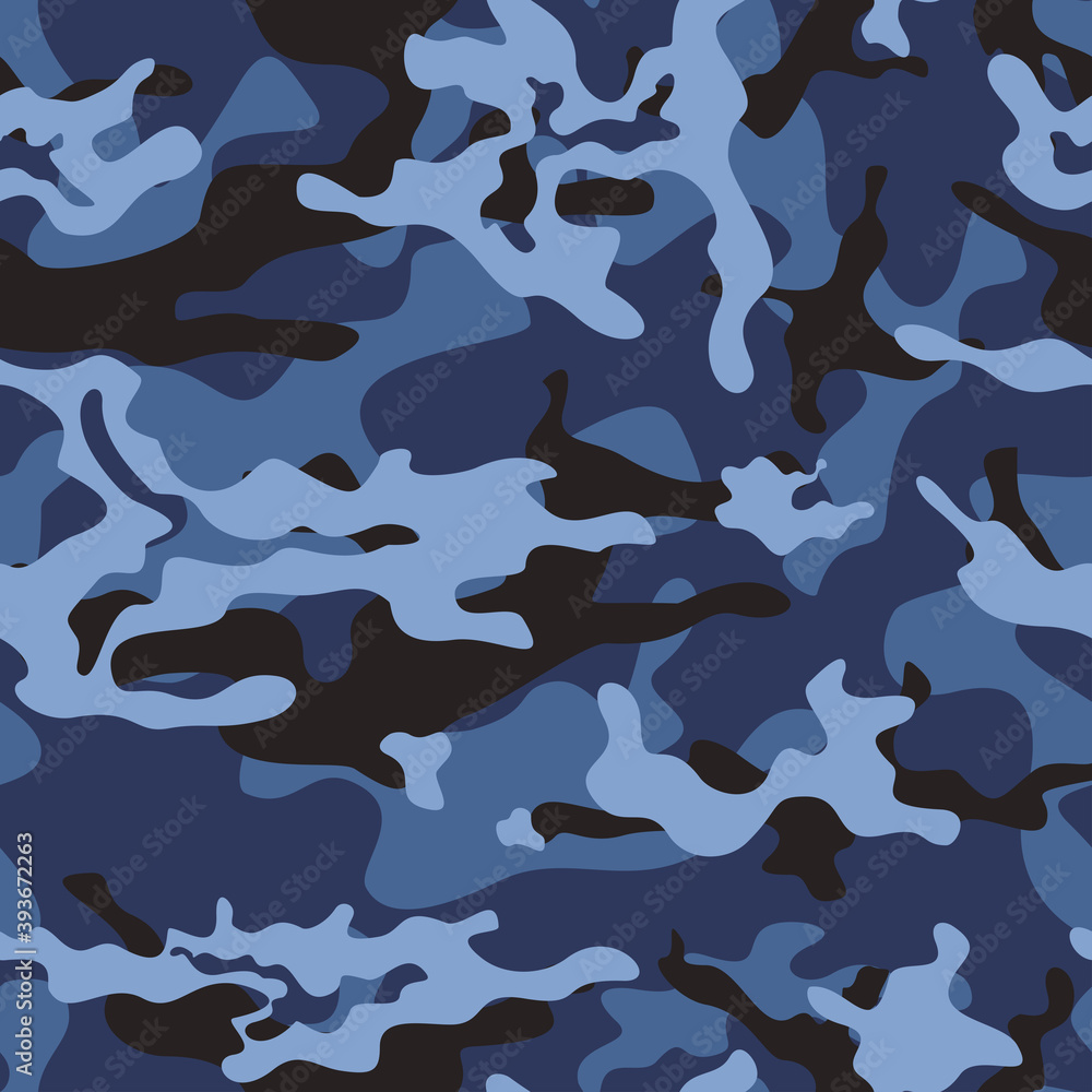 Blue camouflage vector background with black spots for textiles. Fashionable print.
Blue camouflage vector background with black spots for textiles. Fashionable print.