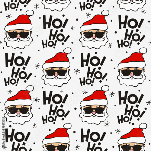 Seamless new year pattern with Santa boss and phrase ho ho ho. Christmas gift background in gray and red colors. Santa in sunglasses. Vector illustration