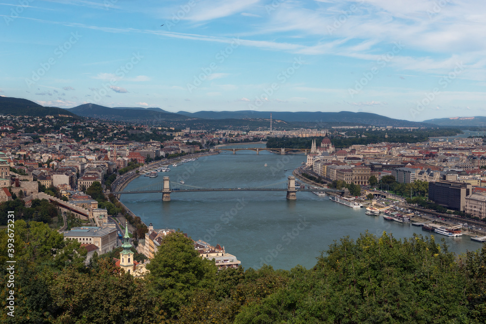 top view of Danube river and chain bridge of Budapest city