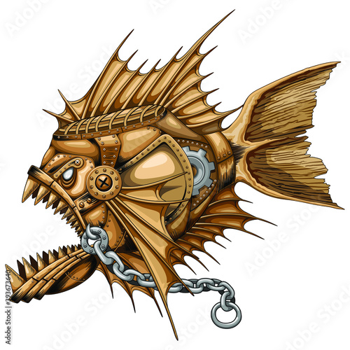 Steampunk Piranha Killer Retro Machine with Big Jaws Vector illustration isolated on white. 