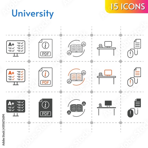 university icon set. included feedback, pdf, desktop, test, click icons on white background. linear, bicolor, filled styles.