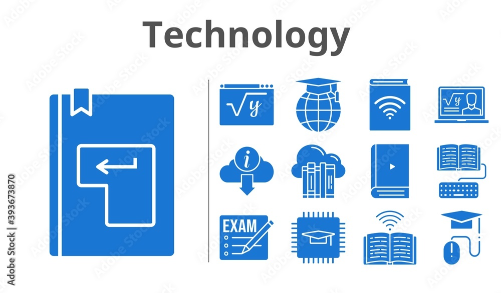 technology set. included chip, audiobook, homework, maths, book, cloud, exam, professor, ebook, school, elearning, information, enter icons. filled styles.