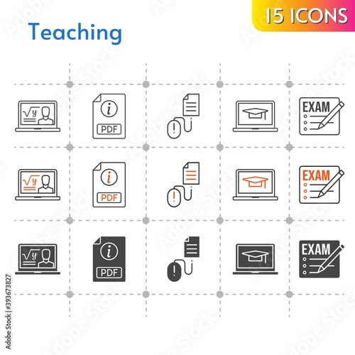 teaching icon set. included exam, professor, pdf, student-laptop, click icons on white background. linear, bicolor, filled styles.