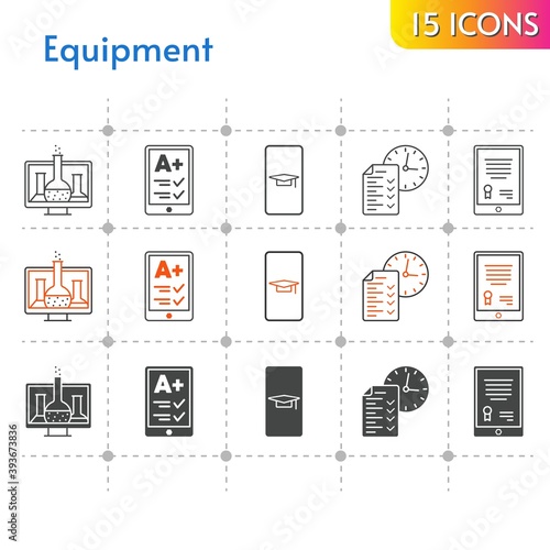 equipment icon set. included chemistry, student-smartphone, tablet, ereader, test icons on white background. linear, bicolor, filled styles.