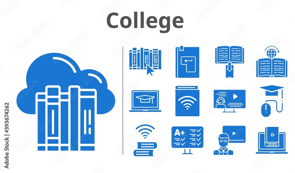 Obraz premium college set. included cloud, audiobook, teacher, ebook, student-laptop, test, instructor, learn, book, elearning, learning, enter icons. filled styles.