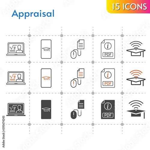appraisal icon set. included student-smartphone, professor, pdf, cap, click icons on white background. linear, bicolor, filled styles.