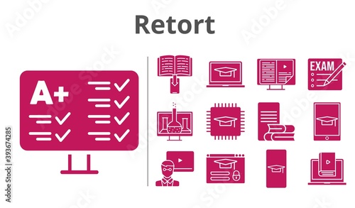 retort set. included student-smartphone, exam, chemistry, chip, ebook, student-laptop, teacher, test, learn, online-learning, student-tablet, login icons. filled styles.