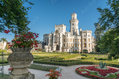 Beautiful renaissance castle Hluboka in the Czech Republic is located in south bohemia. Summer weather with blue sky and rose gardens. UNESCO heritage.