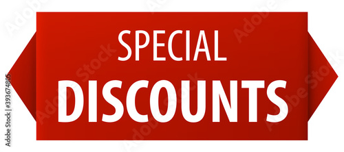 Special Discounts red wide ribbon banner icon isolated on white background.