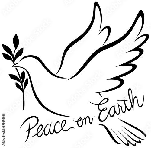 Vector illustration of a stylized black and white outline of a dove holding an olive branch, with the words, "Peace on Earth."