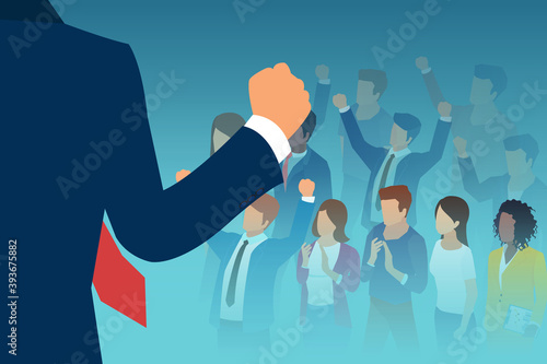 Vector of a leader public speaker giving a speech to a crowd