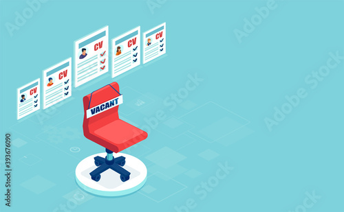 Vector of an office chair with a sign vacant and candidates CV behind.