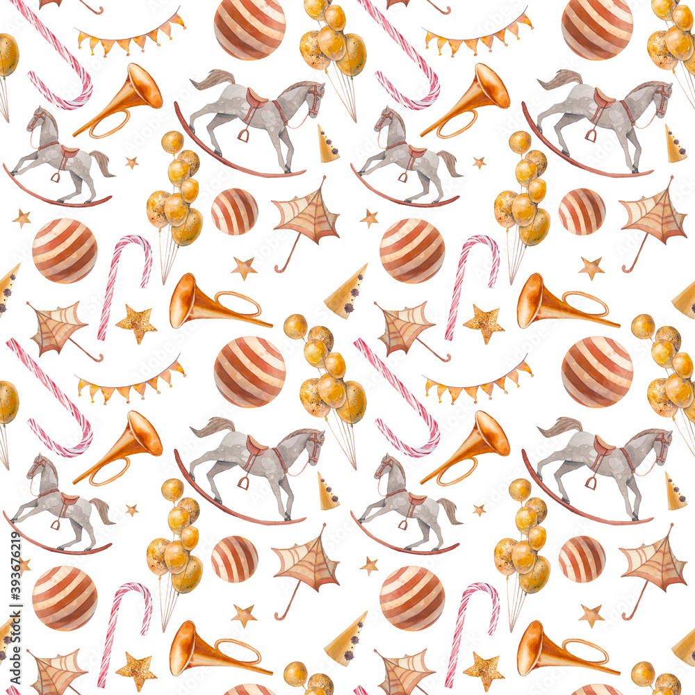 Festive seamless pattern. Hand drawn wallpaper design: rocking horse, flags garland, balls, candy, pipes, air balloons.Party repeating background. Festive seamless pattern. Hand drawn wallpaper design: rocking horse, flags garland, balls, candy, pipes, air balloons.Party repeating background.