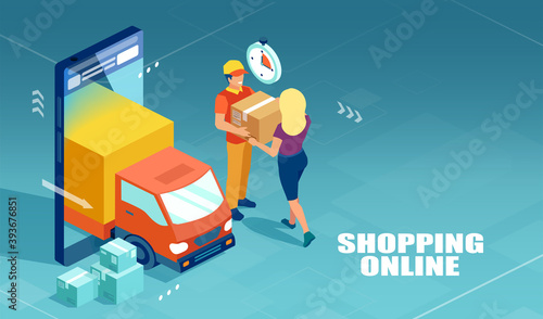 Online shopping. Vector of a delivery man carrying a box to a internet shopper