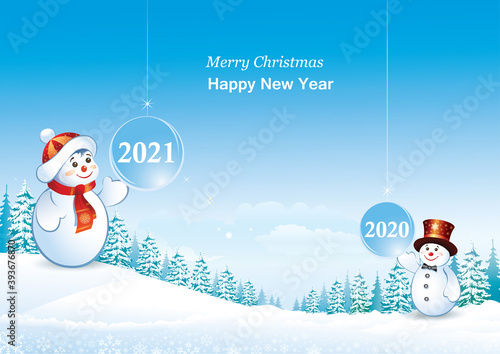Happy New Year 2021. Greeting card, holiday banner with snowy winter landscape. Celebrating the New Year 2021 and bidding farewell to the outgoing year 2020 with snowmen. Vector illustration