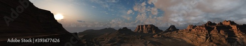Canyon at sunrise, rocky desert like arizona, canyon at sunset, banner, 3d rendering