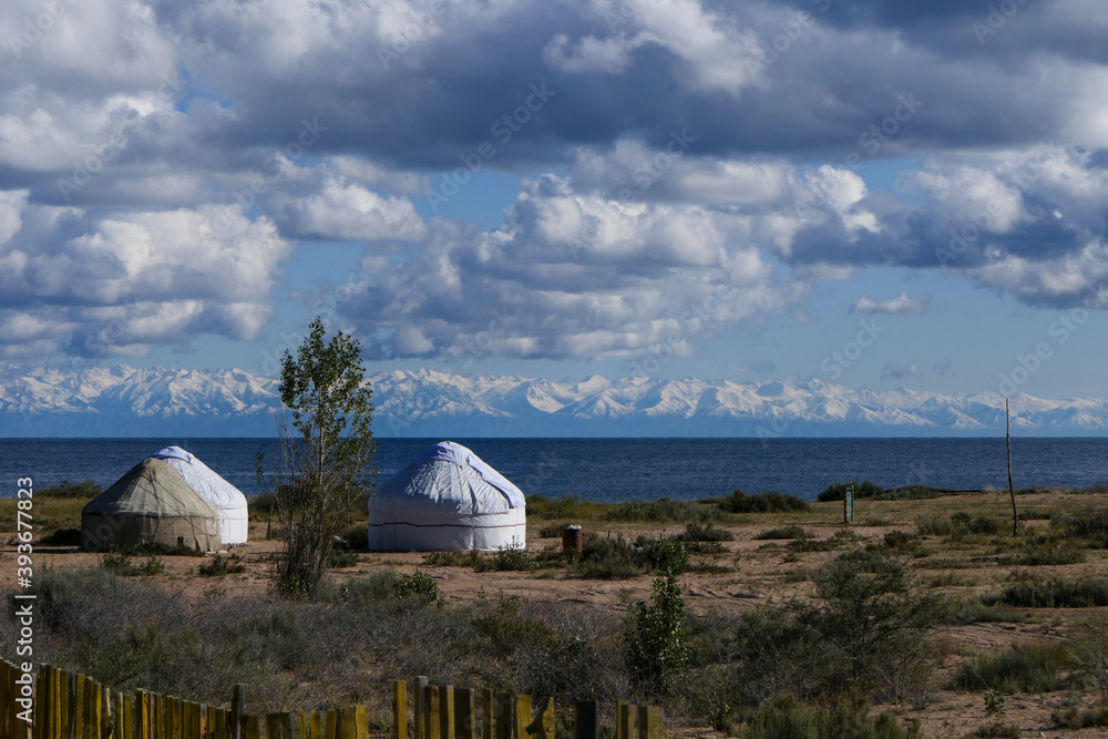Yurts next to the Issyk-Kul lake in Kytgyzstan