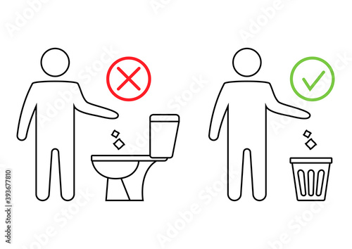 Do not litter in the toilet. Toilet no trash. Keeping the clean. Please do not flush paper towels, sanitary products, icons. Forbidden icon. Throwing garbage in a bin. Public Information