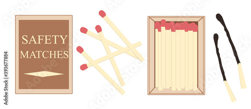 set of images of safety matches in beige and red colors