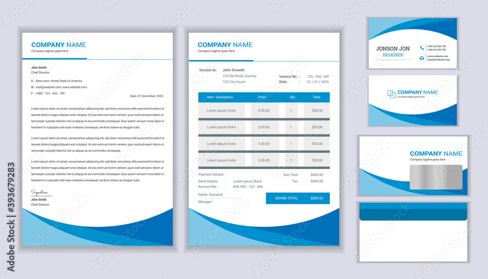 Corporate stationery identity template. Corporate Stationery template design with Letterhead template, invoice and business card.
