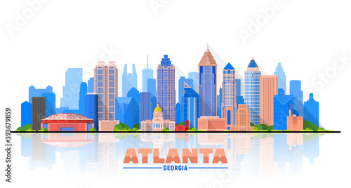 Atlanta  Georgia   city skyline white background. Flat vector illustration. Business travel and tourism concept with modern buildings. Image for banner or web site.