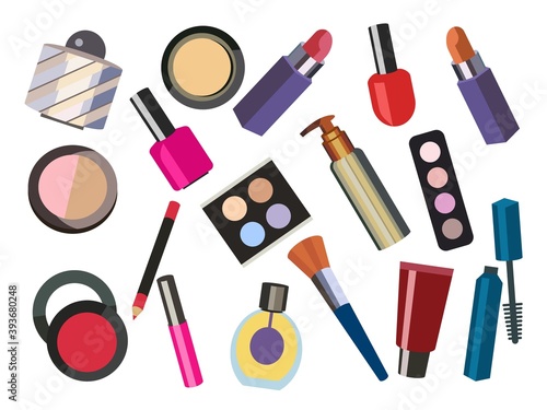 Set of vector cosmetics. Eye shadow, lip gloss, powder, blush, lipstick, brush, eyeliner, nail Polish, perfume, cream, bottle. Hand drawing illustration. Makeup icons. Beauty makeup artist