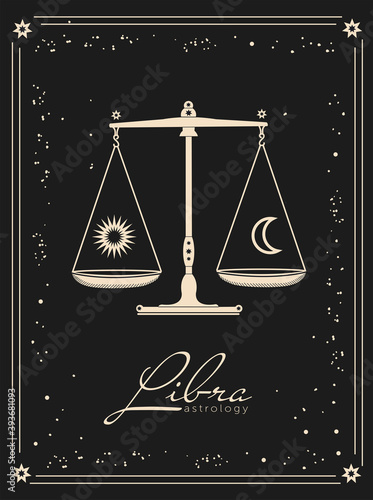 Vector illustration; astrological card with zodiac sign Libra on dark gray, black background. Libra in the starry sky. Gold sign on a dark background.