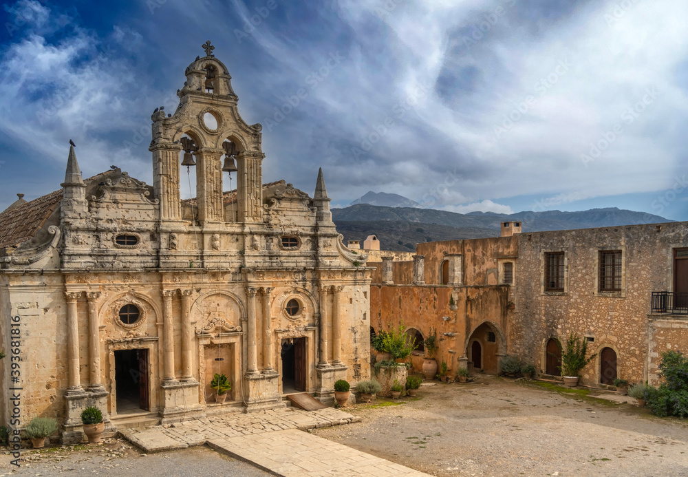 Historical Arkadi Monastery, located on a fertile plateau near Rethymno, Crete, Greece.