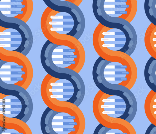 DNA strands molecule seamless vector pattern. Repeating background Spiral genetic dna medical icon. Helix structure symbol. DNA strands Magnification double helix structure blue and red