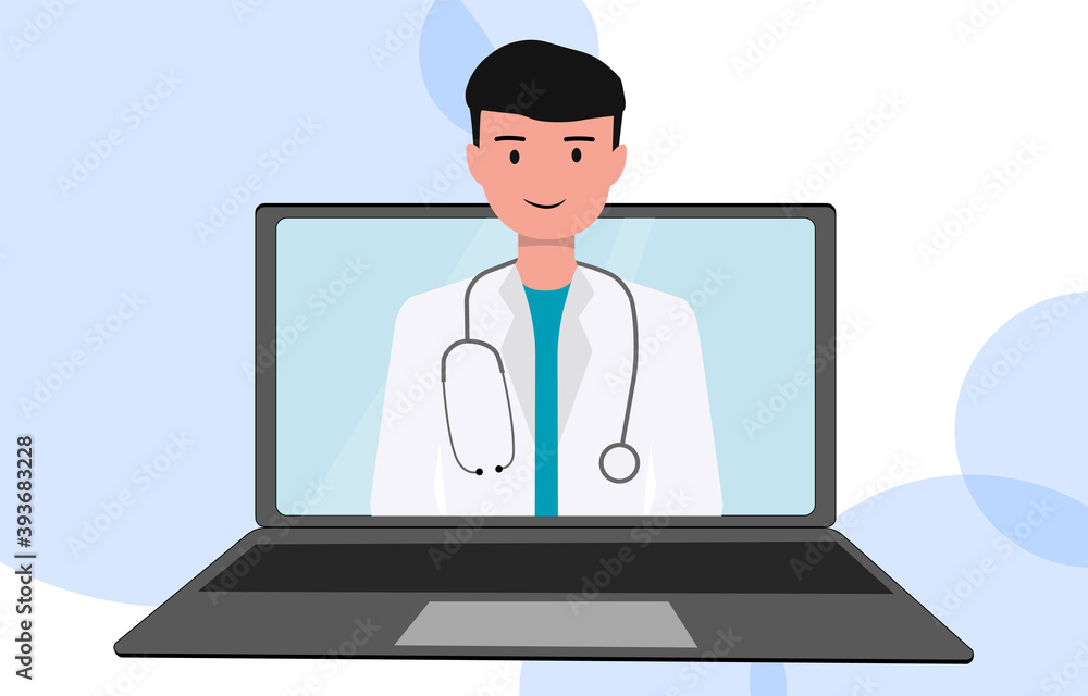 Online consultation with a doctor. The doctor looks from the laptop screen. Coronavirus consultation, treatment at home. Vector illustration
