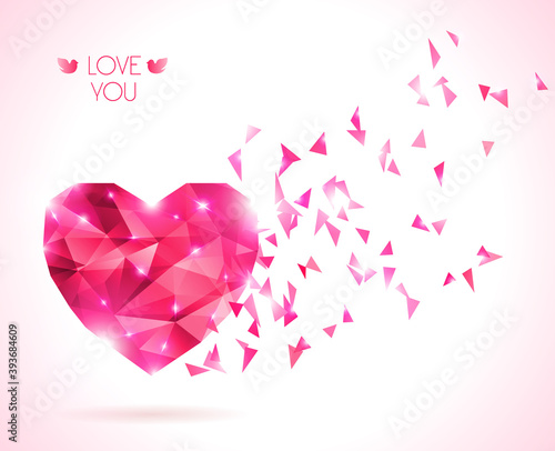 Pink origami heart on white backdrop. Vector Illustration. Abstract polygonal heart. Love symbol. Lights and pink sparkles. Low-poly colorful style. Romantic background for Valentines day.