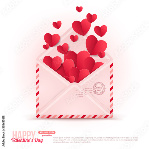 Happy Valentine's Day Envelope with Paper Hearts Flying Away. Vector Illustration. Realistic Mail Envelope. Can be used for Mother's and Women's Day Greetings. Love Inside Valentine Concept.