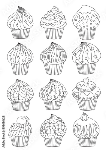 Cup cake set, decorated cupcakes with hearts stars and birthday candle, page for adult colouring book