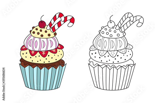 Outlined doodle anti-stress coloring sweet cakes. Coloring book page for adults and children