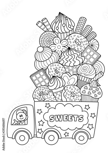 Outlined vector doodle anti-stress coloring book page truck with sweets. For adults and children