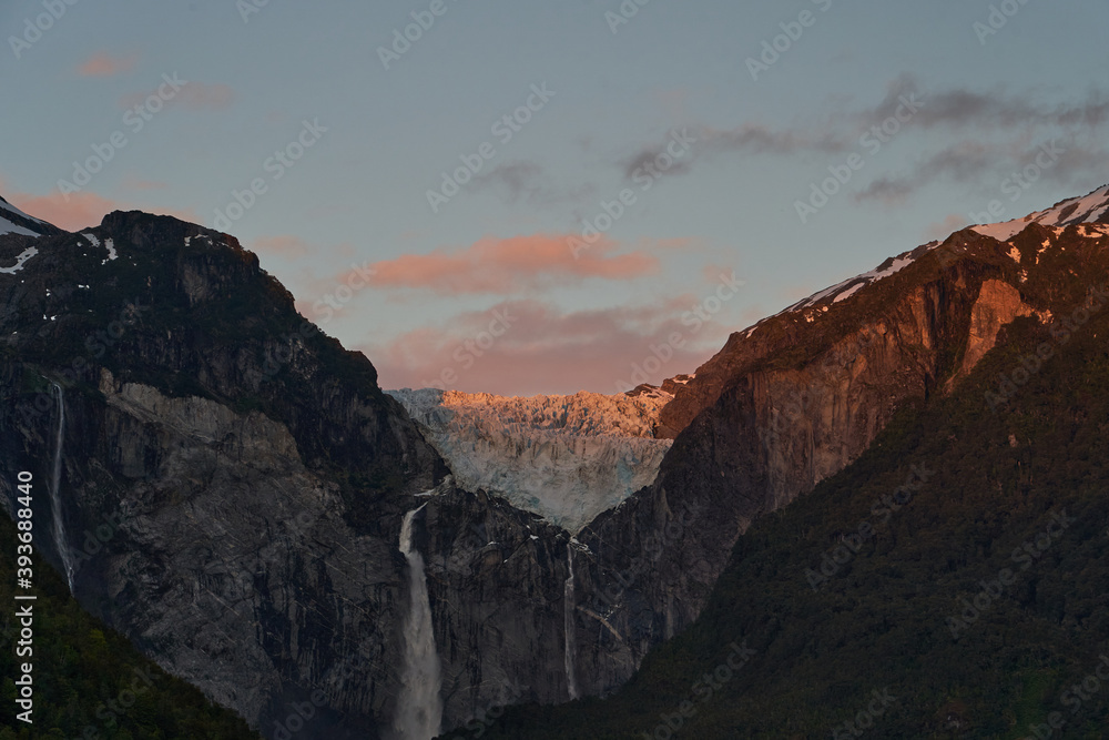 Fototapeta premium Ventisquero Colgante, a hanging Glacier with waterfall and lake in queulat national park along the carretera austral in Patagonia, Chile, South America