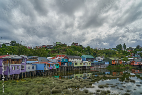 Colorful palafitos, traditional wooden stilt houses in Castro on the island Chiloe, Chile, South America