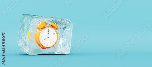 Frozen orange clock, stopping the time concept on blue background 3D Rendering