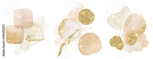 Gold Abstract Arrangements. Christmas glitter shiny dreamy. Blush, pink, ivory, beige watercolor illustration & elements on white background. Modern print set. Logo. Wall art. Poster. Business card.