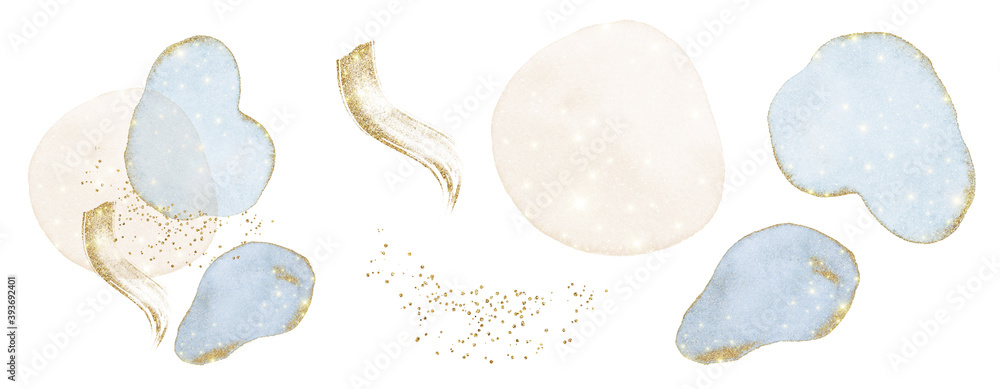 Abstract Arrangements. Gold glitter elements, textures. Christmas shiny dreamy. Posters. Blush, white, blue, beige watercolor Illustration on white background. Modern print set. Wall art Business card