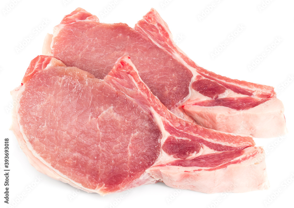 sliced raw pork meat isolated on white background. clipping path