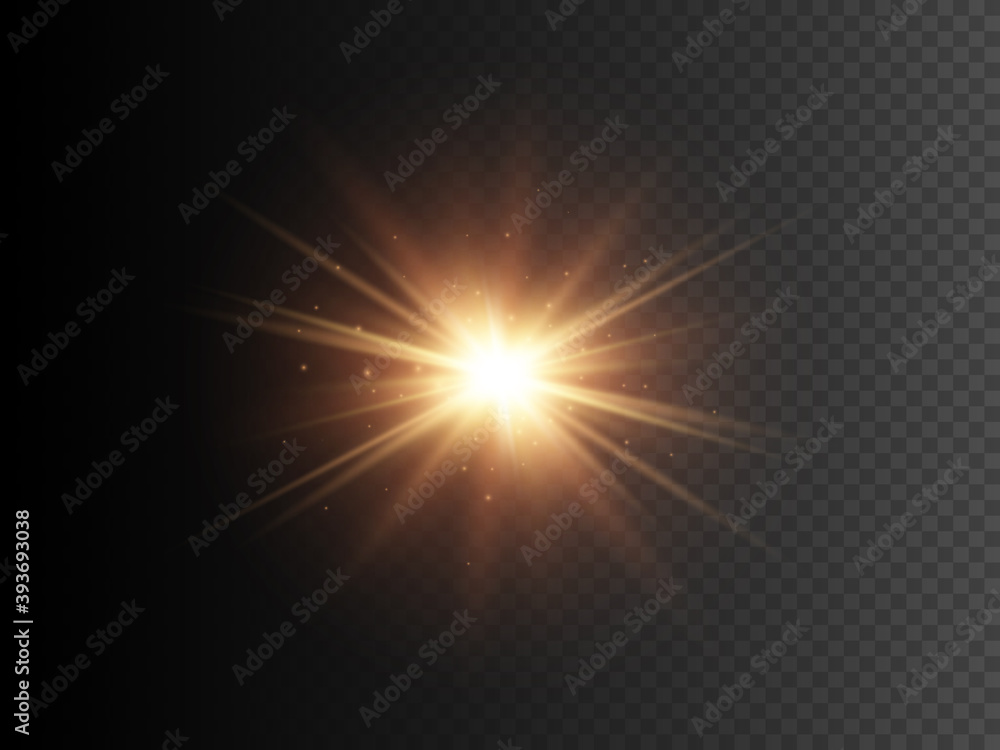 Gold star with sparkles. Vector transparent glow light effect.