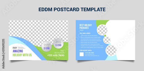 Corporate creative modern eddm travel postcard template design with red shape and fully editable file.