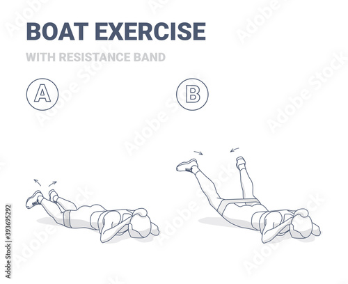 Back Boat with Resistance Band Home Workout Exercise illustration. Concept of Girls Strength Workout with Elastic Band.