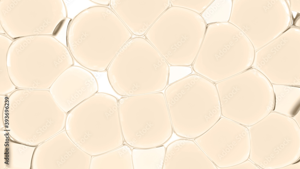 Naklejka premium Golden Oil Bubbles in water. Viscous liquid bubbles. Concept of natural essential oil for cosmetics. Macro 3D render illustration of fluid flow.