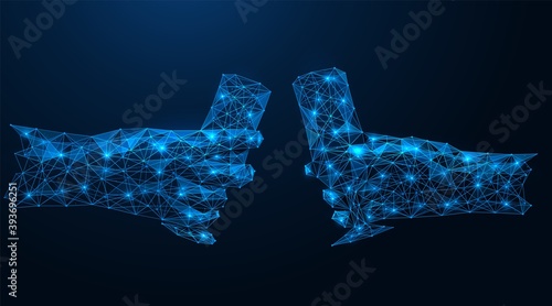Two with glasses of wine in their hands. Low-poly construction of concatenated lines and dots. Blue background.