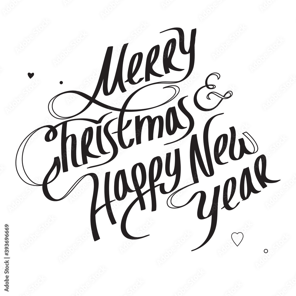 Obraz premium Black and White vector illustration of small hearts and text Merry Christmas and Happy New Year isolated on white background. Nice fonts for New Year's card.